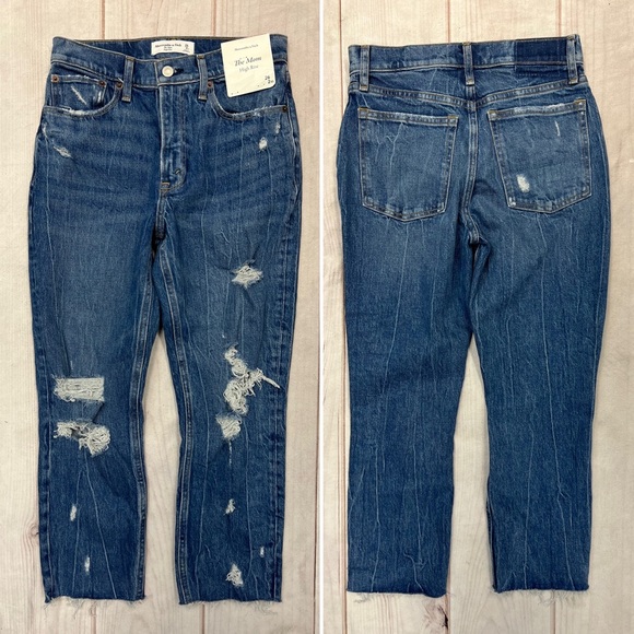 Abercrombie & Fitch High Rise Distressed Jeans - Dark Blue - Picture 1 of 9